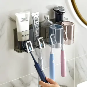 Wandgemonteerde Tandenborstelhouder Stansvrij Badkamer Opslagrek Met Omgekeerde Mondspoelbak Kunststof Gezinsset