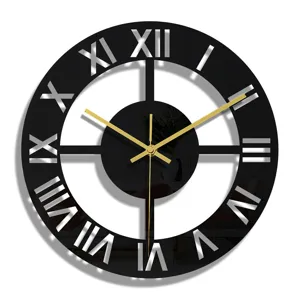 Moderne horloge murale en acrylique noir avec chiffres romains et aiguilles dorées décoration