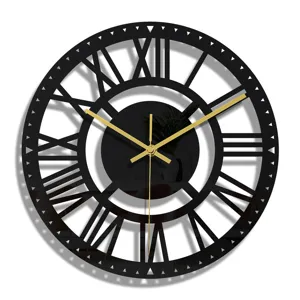 Moderne horloge murale en acrylique noir 3D avec chiffres romains et aiguilles dores.