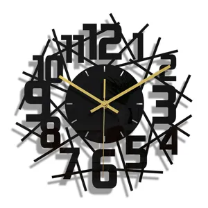 Horloge Murale Moderne 3D En Acrylique Noir Design Géométrique Abstrait Doré Déco