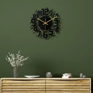 Pendule murale moderne en acrylique noir avec aiguilles dores pour decoration salon