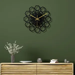 Horloge murale moderne en acrylique noir 3D avec aiguilles dorées et cadre alvéolé pour la maison.