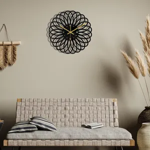Moderne horloge murale ronde en acrylique noir 3D, design géométrique minimaliste pour déco.