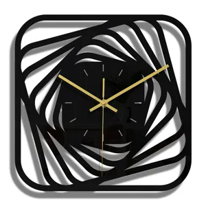 Horloge murale moderne en acrylique noir avec design géométrique en spirale et aiguilles dorées.