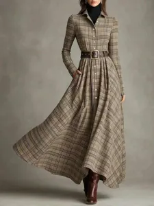 Elegant plaid long sleeve maxi shirt dress featuring a classic collar and waist belt detail