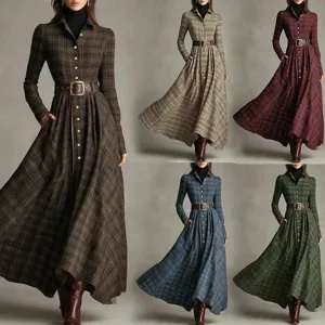 Vintage Plaid Shirt Dress For Women Long Sleeve Double-sided Brushed Lapel Button Down Belted Maxi Dress Casual Long Robe