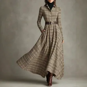 Elegant brown plaid maxi shirt dress with lapel collar and waist-cinching belt for women