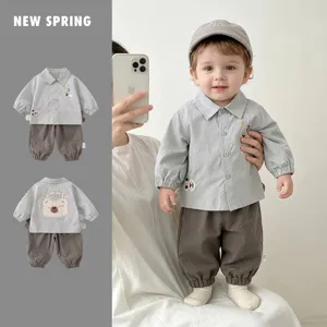 Baby boy spring autumn outfit set with grey long sleeve shirt and elastic pants
