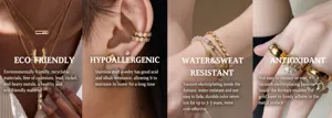 Collage showing eco-friendly, hypoallergenic, and waterproof stainless steel jewelry detail views