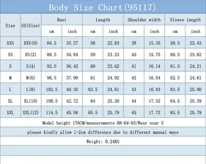 Detailed size chart for solid color women's shirt showing measurements in cm and inch