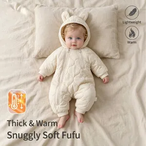 Close-up of a padded baby winter jumpsuit with a bear-eared hood