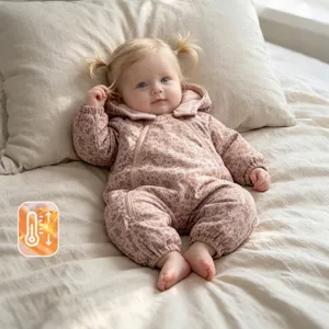 Detail view of floral infant winter romper featuring warm padded lining and soft hood