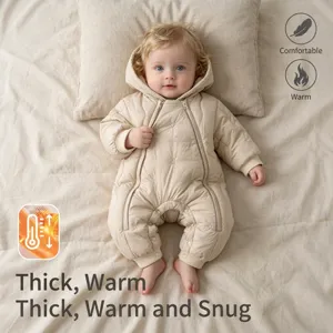 Infant winter padded romper in neutral beige featuring a warm quilted texture and hood