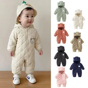 Detailed display of baby winter rompers in multiple colors and bear-ear hoods