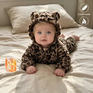 Close-up of a warm leopard print plush baby hooded romper with cute ears on a cozy bed