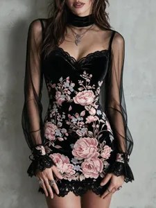 Detail of floral embroidery and lace trim on black velvet mesh bodycon dress