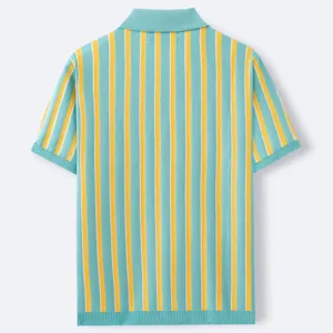 Back view of a casual short sleeve knit polo shirt with yellow and blue stripes
