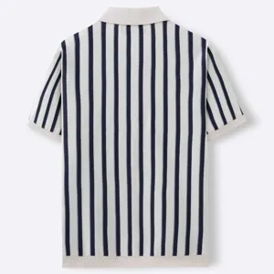 Back view of men's short-sleeved knit polo shirt with navy vertical stripes