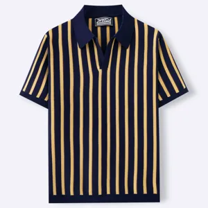 Classic men's navy and yellow vertical striped short sleeve knit polo shirt with V-neck