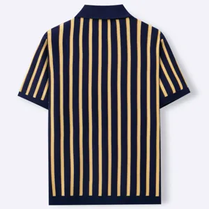 Detailed back view of a striped knit polo shirt in navy blue and yellow contrast