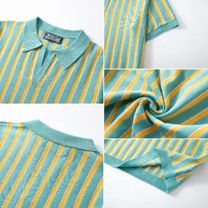 Close-up detail of a men's striped knit polo shirt, featuring fabric texture and collar design.