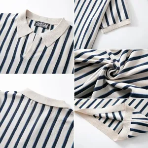 Macro detailed view of the striped knit polo shirt showing collar and fabric texture