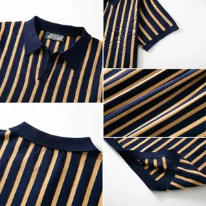 Close-up details of striped knit polo shirt showing collar, sleeve, and fabric texture