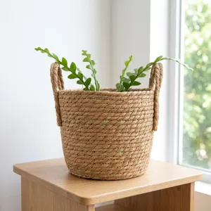 Handgeflochtener Korb aus Naturfasern mit grüner Sukkulente auf einem Holzhocker