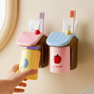 Magnetic wall-mounted toothbrush holder set, cute house design mouthwash cup rack storage.