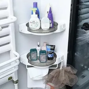 Punch Free Bathroom Corner Storage Shelf Rotating Plastic Organizer Wall Mounted Multipurpose Cosmetic Rack