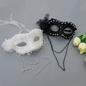 Lace Masquerade Mask With Pearl Rhinestone Tassels Elegant Eye Mask For Halloween Party Women Costume Performance