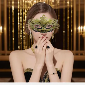 Exquisite half-face masquerade mask with metal tassels, rhinestone studded retro party mask.