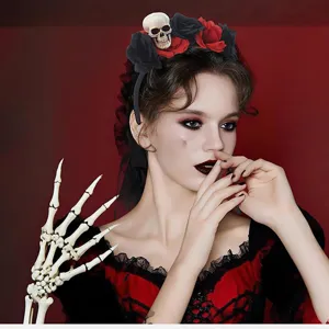 Halloween skull headband with simulation roses and lace veil for party costume dress up