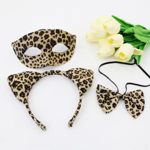 Halloween Imprimé Léopard Masque Demi-Visage Oreilles de Chat Serre-tête Nœud Set Costume Fête Déguisement Sexy Accessoires