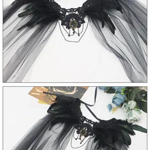 Zwarte veren kant netgaren cape gothische sjaal Halloween cosplay kostuum feestaccessoire