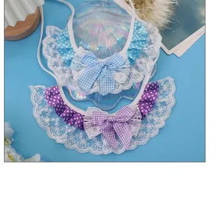 Cute pet lace bib with bow, sweet cotton dog cat collar scarf, beautiful pet fashion accessory.