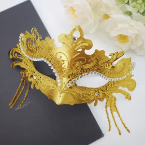 Gold half face masquerade mask with rhinestones and metal tassels for party prom dress up.