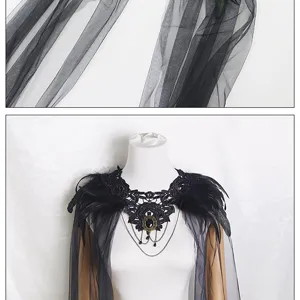 Gotische zwarte veren kant cape detail, sheer tule sjaal voor Halloween heks kostuum.