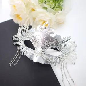Silver half-face rhinestone masquerade mask with metal tassels for party ball prom wear.