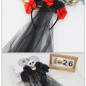 Halloween skull rose headband with black lace veil for party cosplay day of the dead costume