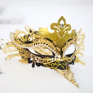 Exquisite black gold rhinestone half face masquerade mask with tassels for party and ball.