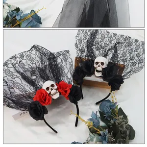 Detailed view of Halloween skull headband with black lace veil and artificial roses.