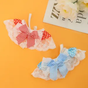 Cute pet lace bib collar with red and blue bows, sweet cat and dog decorative accessory.