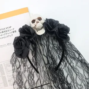 Halloween skull veil headband with black roses, gothic lace hair hoop for party cosplay.