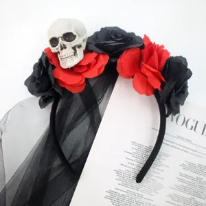 Halloween skull headband with red black artificial roses and lace veil for party cosplay.
