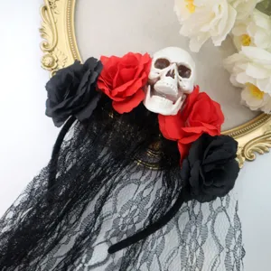 Halloween skull flower lace headband black red roses Day of the Dead party hair accessory