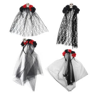 Halloween gothic skull floral lace veil headband set, black rose hair accessory for party.