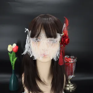 Sexy lace blindfold party mask with red rose feather tassel for romantic evening.