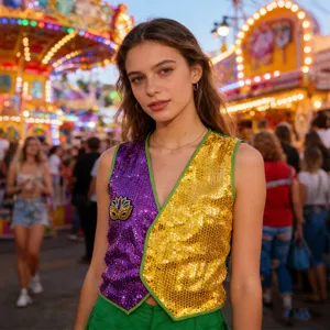 Mardi Gras sequin vest for women carnival party gold and purple costume top apparel