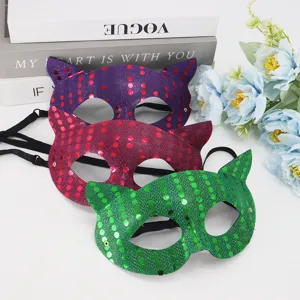 Halloween Party Sequin Cat Face PVC Mask Masquerade Dress Up Party Performance Props